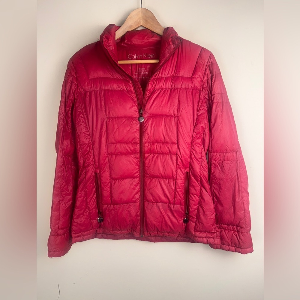 Calvin Klein Down Puffer Jacket Womens Size S Red Full Zip Packable LTWT FLAW